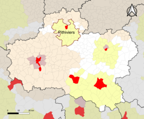 Localisation de l'aire d'attraction de Pithiviers dans le département du Loiret.