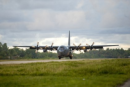 Arrival of RNZAF Hercules at Funafuti International Airport as part of Exercise Tropic Twilight 10, Tualu