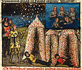 Folio 72v.: Alexander’s tents on fire, and amphibious men and women standing in water.