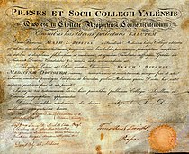 Yale medical diploma awarded Asaph Leavitt Bissell, Class of 1815, signed by school's four professors and Timothy Dwight IV Asaph Leavitt Bissell Diploma.jpg