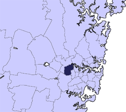 Karta över storstadsområdet Sydney, City of Auburn visas med mörk färg.
