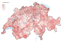 Percentage of foreigners in Switzerland (2019) Auslanderanteil der Schweiz 2019.png