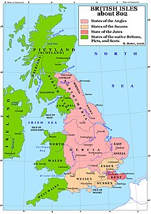 Map of Britain in 802. By this date, historians today rarely distinguish between Angles, Saxons and Jutes. Britain 802.jpg