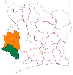 Расположение региона Кавалли (зеленый) в Кот-д'Ивуаре и в районе Монтань
