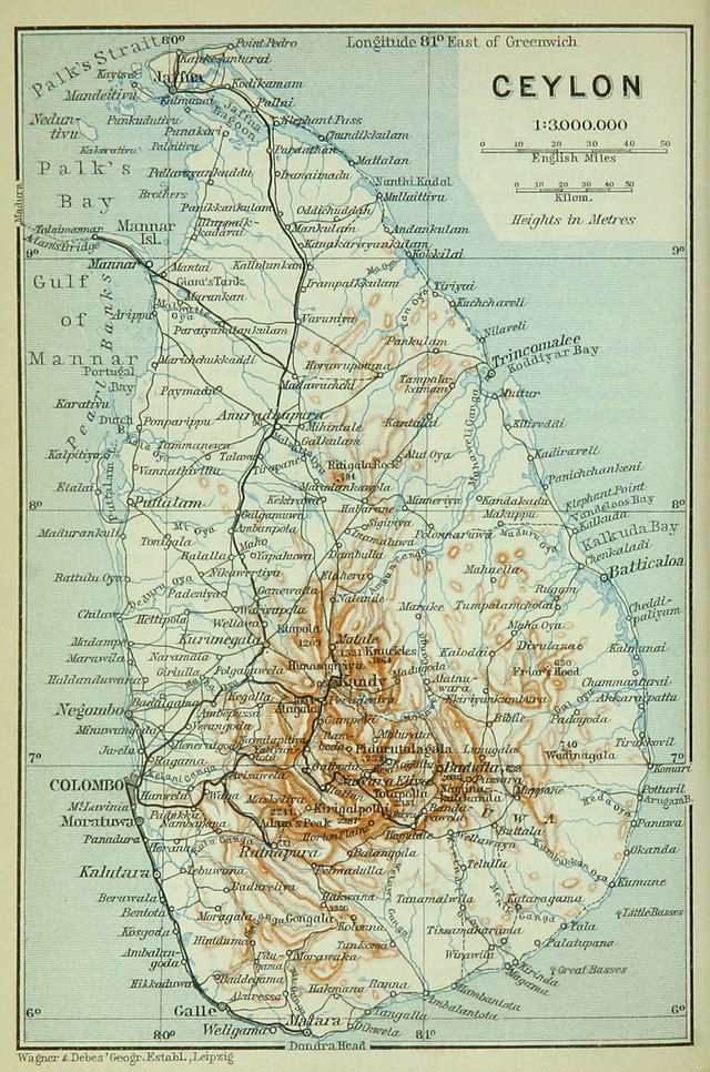 Vuoden 1914 kartta Brittiläisestä Ceylonista.