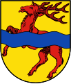 Gemeinde Hirzweiler In Gold ein springender, roter Hirsch, überdeckt von einem blauen Wellenbalken.[16]