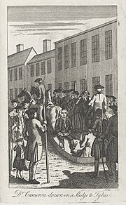 Archibald Cameron being taken to his execution, 1753; he was allegedly betrayed for his role in pressing recruits in 1745 Dr Cameron being drawn on a sledge to Tyburn Wellcome L0040867.jpg