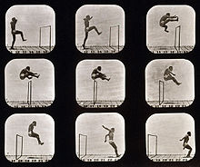 Nine photographs, arranged in 3 rows of 3, show the sequence of a man's jump over a hurdle. The first photo at the top left shows the man in front of hurdle with his right leg raised. As he propels himself over the hurdle, he pulls his trailing left leg up and in front of him while pushing his arms to the back. The last three photos show him as he clears the hurdle and lands on both feet.