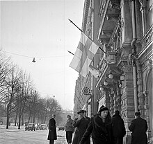 Finnish flags at half-mast in Helsinki on 13 March 1940 after the Moscow Peace Treaty became public Finnish flag at half-mast interim peace Helsinki 1940.jpg
