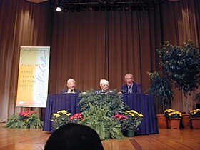 Institute Professors Emeriti and Nobel Laureates (from left to right) Franco Modigliani, Paul Samuelson and Robert Solow, pictured in 2000 Ford-MIT Nobel Laureate Lecture Series 2000-09-18.jpg