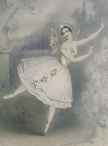Lithograph (type of printing) of a female ballet dancer in a white dress. Small wings are attached to her back and she wears a tiara on her head. She is posing en pointe with her arms to one side.