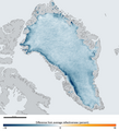 Albedo-Veränderung in Grönland: Zeigt den Unterschied der reflektierten Strahlung des Jahres 2011 im Vergleich zum Mittelwert der Jahre 2000–2006 (mit Hilfe des Satelliten MODIS aufgenommene Falschfarbendarstellung)