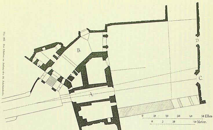 Das Elbtor zu Anfang des 18. Jahrhunderts - Thorhaus/Schönes Tor (A), Georgentor (C), Jagdtor (D). 1710.