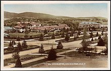 Hotel Canberra in the 1930s, with Albert Hall in the background. Hotel Canberra.jpg