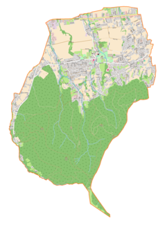 Mapa konturowa gminy Jaworze, u góry nieco na prawo znajduje się punkt z opisem „Parafia Ewangelicko-Augsburska w Jaworzu”