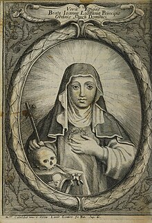 Monochrome engraving of a woman, Joana of Portugal, with Latin text along the top, Christian Chris's in the right hand and a human skull below it, and a crown of thorns in the left hand