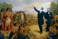 Artistic depiction of Joseph Smith preaching to Native Americans in Illinois Joseph Smith Preaching to the Indians by William Armitage.png
