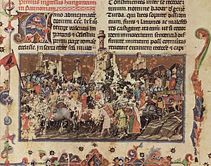 The Huns, considered by the chronicle to be the ancestors of the Hungarians arrive in Pannonia at the first time, a Turul flag protruding from the frame of the picture (Chronicon Pictum, 1358)