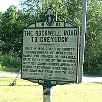The entrance to Rockwell Road, which extends from Lanesborough to the summit of Mount Greylock in Adams