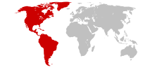 A map of the world with the Americas in red