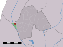 The village (dark red) and the statistical district (light green) of Krabbendam in the former municipality of Harenkarspel.