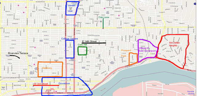 A map of a city with several areas highlighted to illustrate historic neighborhoods