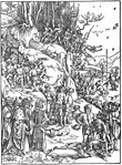 Träsnitt av Albrecht Dürer från 1496 eller 1497 som skildrar helgonlegenden om tio tusen riddare.