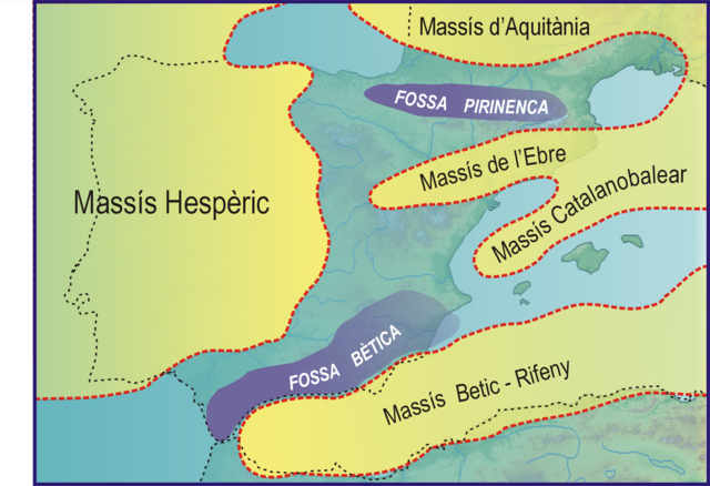 Massís Catalanobalear dins el conjunt de massissos emergits durant el plegament hercinià o varisc (Paleozoic).