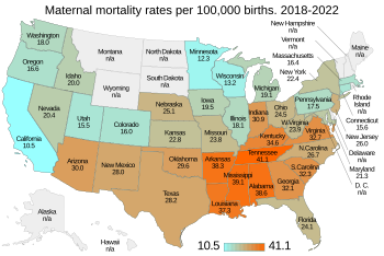 Maternal deaths per 100,000 births. CDC: "Maternal deaths include deaths of women while pregnant or within 42 days of termination of pregnancy, irrespective of the duration and the site of the pregnancy, from any cause related to or aggravated by the pregnancy or its management, but not from accidental or incidental causes." Maternal mortality rates per 100,000 births by state. US map.svg