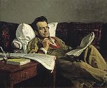 A middle-aged man in a light-colored coat, reclining on a sofa, staring thoughtfully into space with a pen and music paper