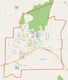 Mapa konturowa Mikstatu, blisko centrum na dole znajduje się punkt z opisem „Parafia Świętej Trójcy”