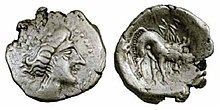 Coin attributed to the Libui, an ancient Ligurian people settled in the territory of the current province of Vercelli, Piedmont Moneta dei Libui - Dracma tipo leone-lupo.jpg