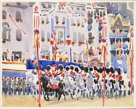 Mounted Band of The Scots Greys, Coronation Parade, 1937 by Harry Greville Wood Irwin. Painted in 1937, depicting the Coronation of King George VI Mounted Band of The Scots Greys, Coronation Parade, 1937 by Harry Greville Wood Irwin.jpg