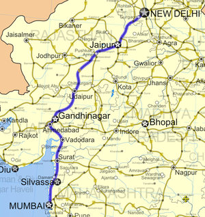 Road map of India with National Highway 8 highlighted in solid red color