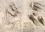 Självporträtt av Leonardo på några anteckningar.