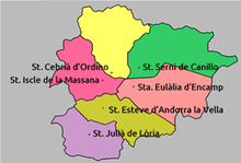 The six old parishes, each named for their patron saint, as depicted in the Acta de Consagracio i Dotacio de la Catedral de la Seu d'Urgell (839) Parroquies andorra.png