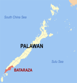 Mapa ng Palawan na nagpapakita sa lokasyon ng Bataraza.