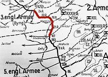 Map of the Michael offensive showing in red the section of the British front that was not assaulted frontally; its defenders were to be encircled by the attackers on their flanks. Plan for Michael attack, March 1918.jpg