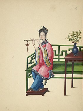 Dona tocant un dizi (笛子). Pintura xinesa, c. 1800