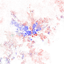 A racial distribution map of Baltimore, 2010 U.S. census. Each dot is 25 people:
.mw-parser-output .legend{page-break-inside:avoid;break-inside:avoid-column}.mw-parser-output .legend-color{display:inline-block;min-width:1.25em;height:1.25em;line-height:1.25;margin:1px 0;text-align:center;border:1px solid black;background-color:transparent;color:black}.mw-parser-output .legend-text{}
 White
 Black
 Asian
 Hispanic
 Other Race and ethnicity 2010- Baltimore (5559896701).png