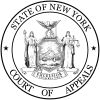 "The Great Seal of the State of New York": Blue-robed person at left, yellow-robed person at right, eagle at middle above the globe, which is above the plate of the green valley