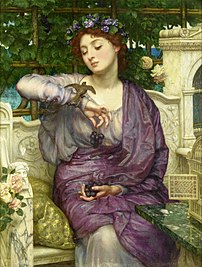 Lesbia et son moineau, huile sur toile d'Edward Poynter (1907). (définition réelle 3 748 × 4 949)