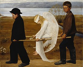 Hugo Simberg: Der verwundete Engel. Die Abbildung zeigt eine Version des Bildes, die sich im Kunstmuseum Ateneum in Helsinki befindet. Ein Bild der größeren Version (mit etwas anderem Hintergrund, z. B. zwei Schornsteinen, die den Bezug zur Industriestadt Tampere herstellen), die Simberg für den Dom malte, findet sich unter Wikimedia Commons: Der verwundete Engel.