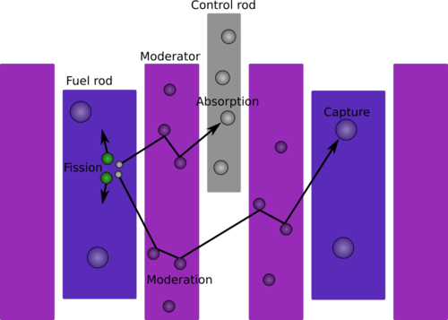 Paths of some neutrons in a thermal reactor