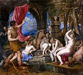 Tizian, 'Actaeon kjem over Diana medan ho bader', 1559.