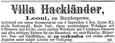 Verkaufsanzeige für Hackländers Landhaus in Leoni, 1877.