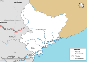 Carte du réseau routier national (autoroutes et routes nationales) dans le département des Alpes-Maritimes