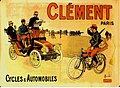 Publicité de la marque Clément en 1903 : officiers en automobile, estafette en bicyclette et batterie en position de tir.