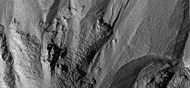 前一图像中的陨坑冲沟的特写。