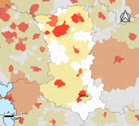 Localisation de l'aire d'attraction de Melle dans le département des Deux-Sèvres.